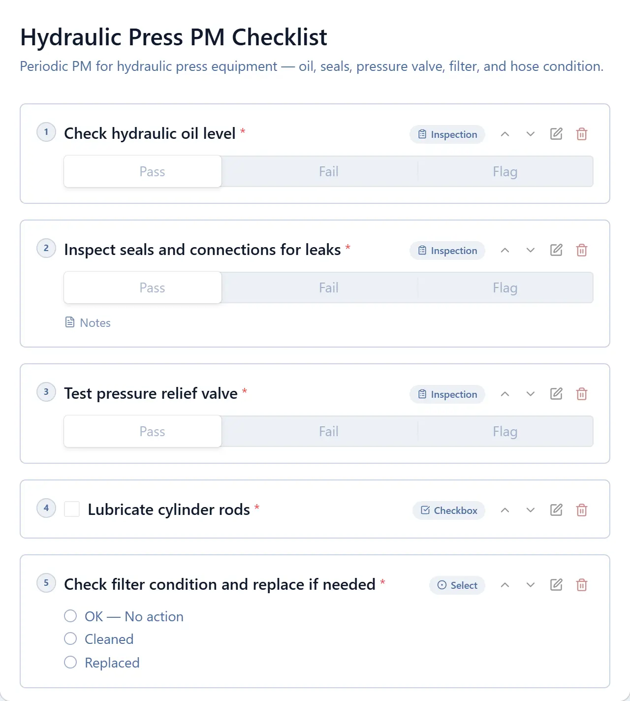 Checklist editor showing steps and version