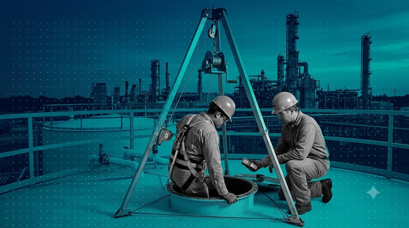 Maintenance technician in a safety harness climbing into a manway on top of a storage tank, while a kneeling attendant holds a gas detector beside the opening, under a tripod and winch