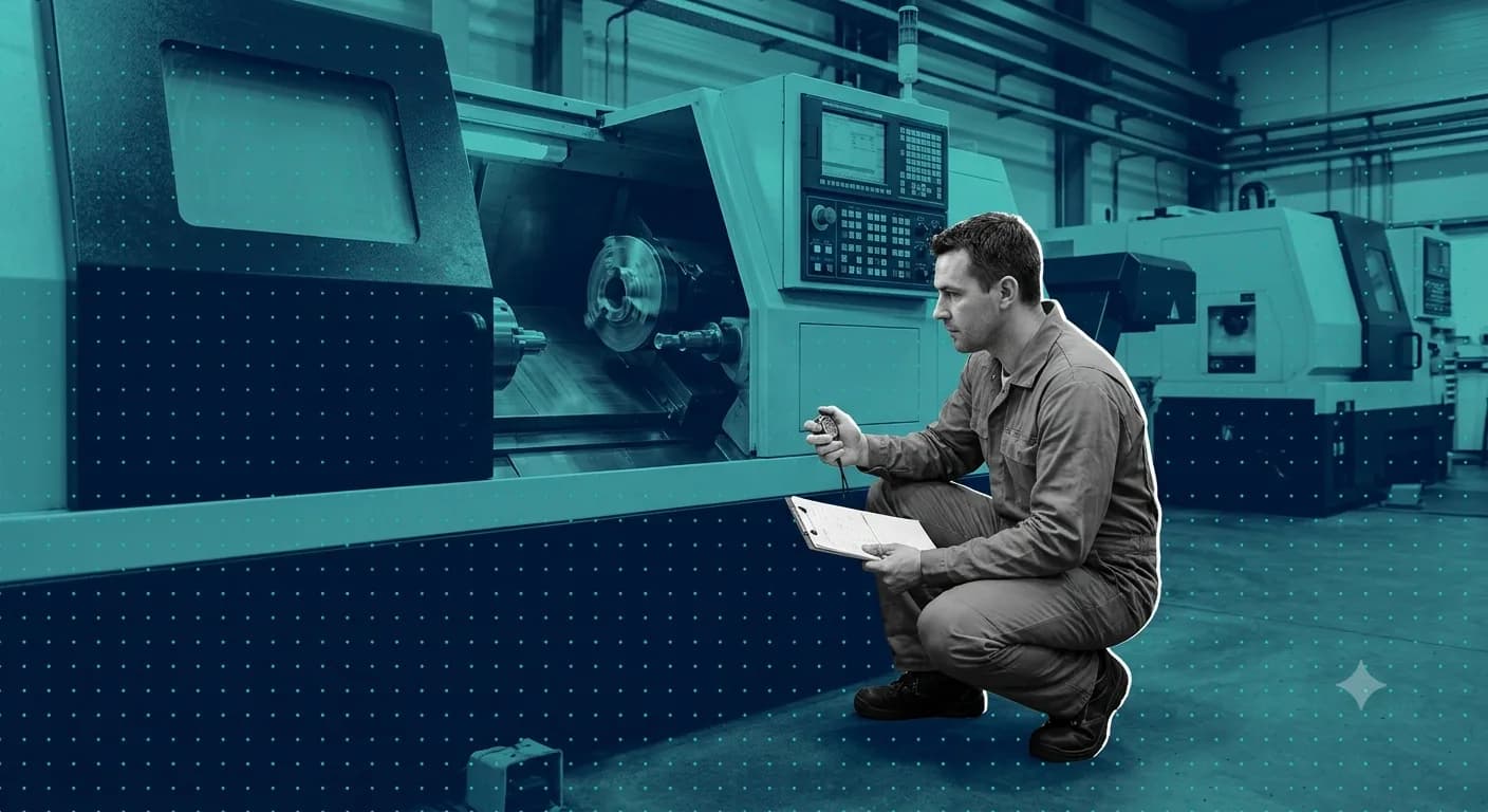 Technician crouched beside a CNC turning station with a stopwatch and clipboard, timing a part as it completes its cycle